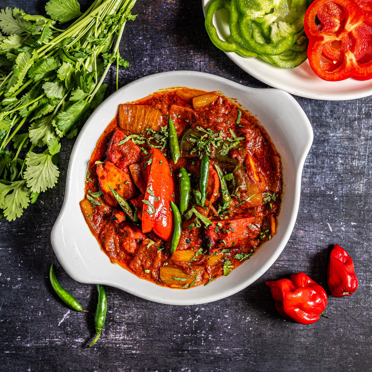 Rich korai curry with peppers, chillies and fresh coriander