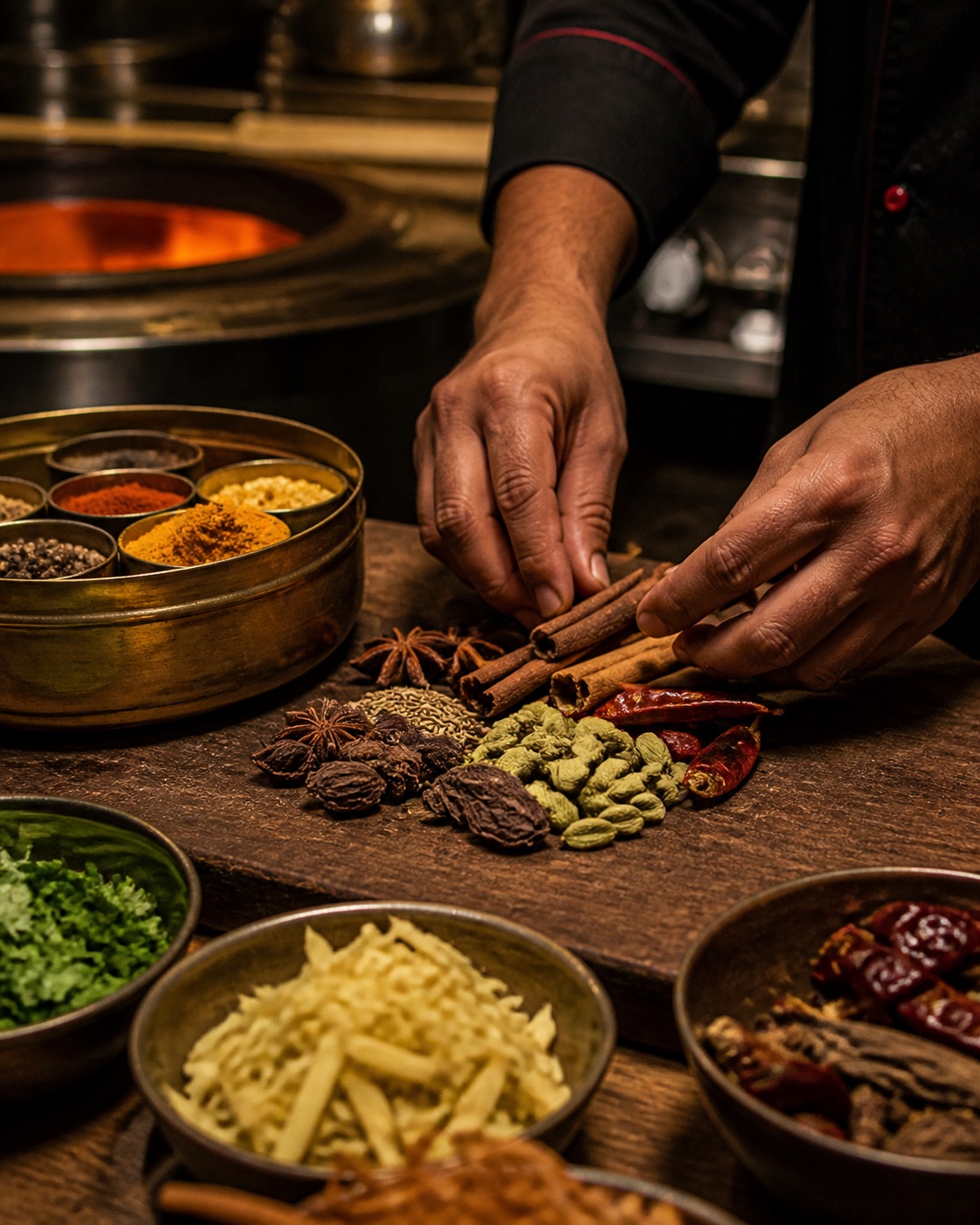 Our chef preparing whole spices beside the glowing tandoor